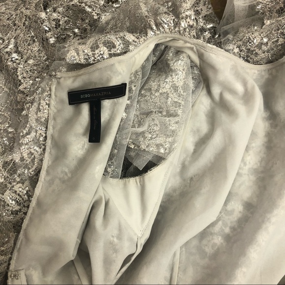 BCBG MAXAZRIA DRESS CYNTHIA SILVER RUFFLE SLEEVES LACE size 0 - Picture 12 of 16